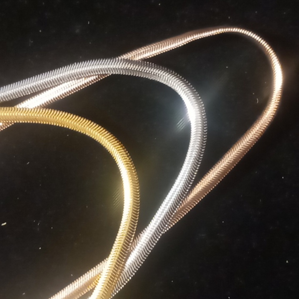 Mixed metal layered 3 chains rose gold,silver & gold tone flattened Snake chain